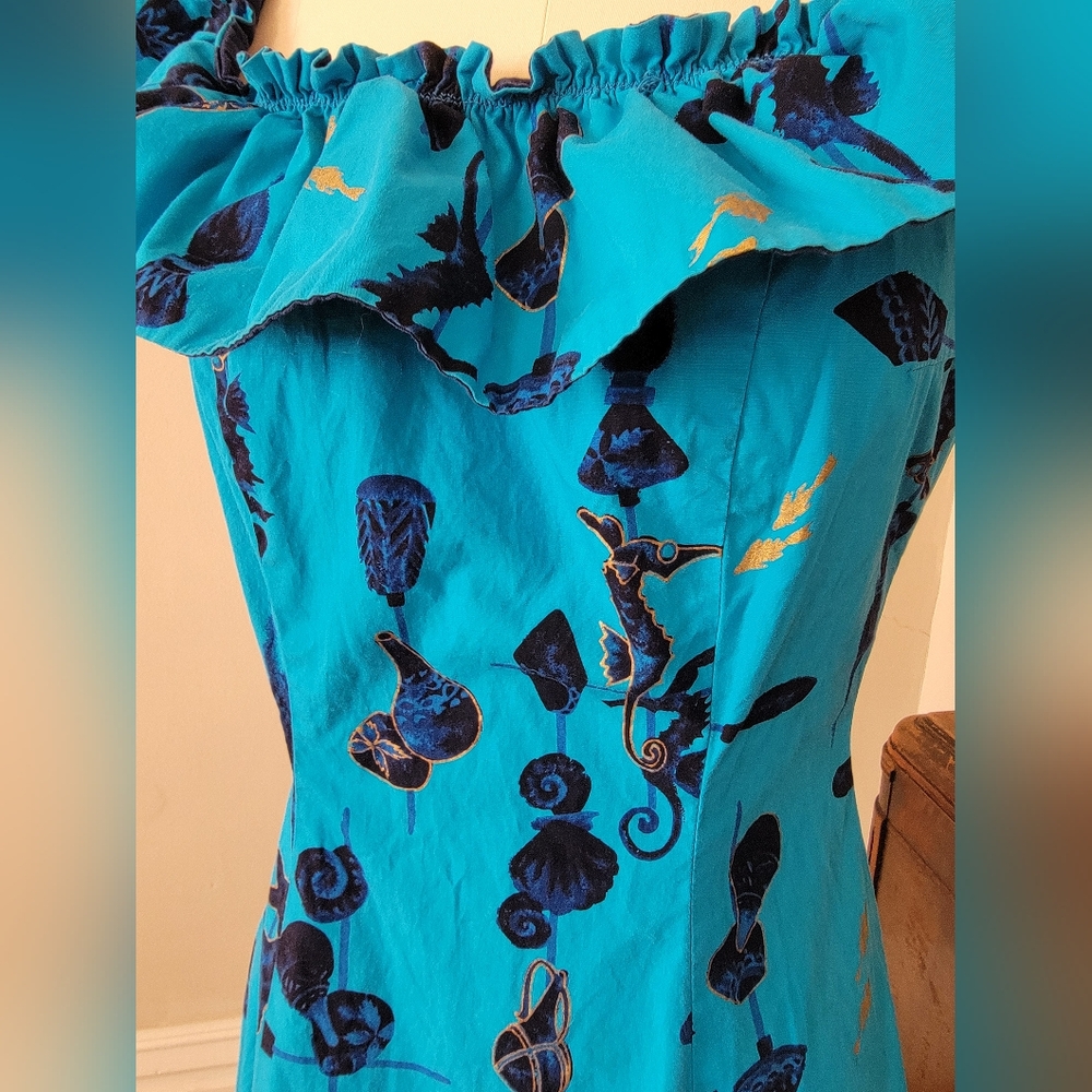 Vintage Blue Hawaiian Mid Century Seahorse Print Maxi Dress Ruffle Medium - Picture 4 of 11